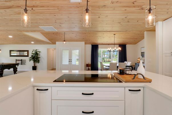 Dining room, Interior, Pendant Lights, Recessed Lighting, Wooden Ceilings