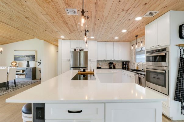 Interior, Kitchen, Pendant Lights, Recessed Lighting, Stainless Steel Appliances, Wooden Ceilings, Wood Texture Flooring