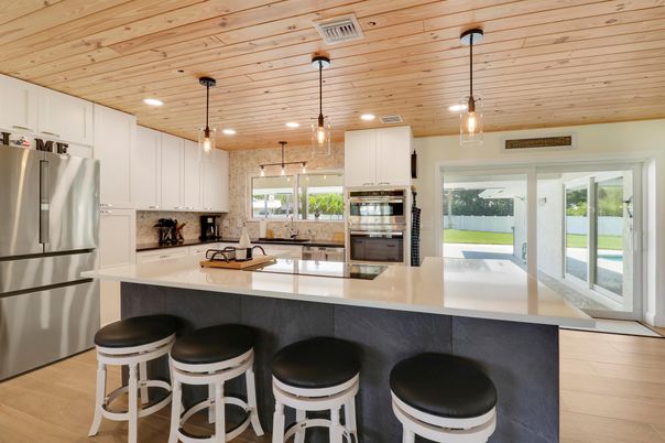 Interior, Kitchen, Pendant Lights, Recessed Lighting, Stainless Steel Appliances, Wooden Ceilings, Wood Texture Flooring