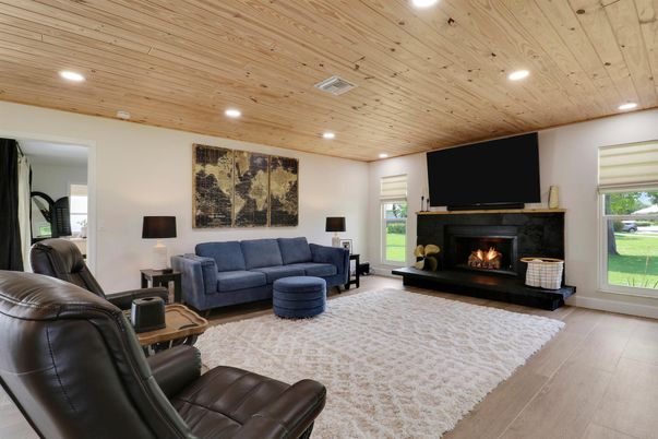 Fireplace, Interior, Living room, Recessed Lighting, Wooden Ceilings, Wood Texture Flooring