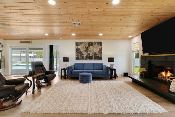 Fireplace, Interior, Living room, Recessed Lighting, Wooden Ceilings, Wood Texture Flooring
