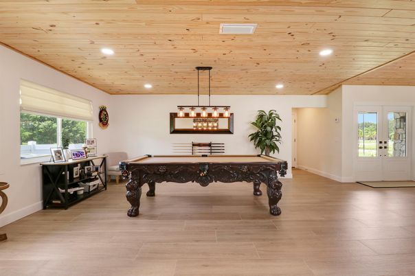 Billiard Table, Game Room, Interior, Pendant Lights, Recessed Lighting, Wooden Ceilings, Wood Texture Flooring