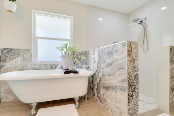 Bathroom, Free Standing Baths, Interior, Marble, Recessed Lighting, Wood Texture Flooring
