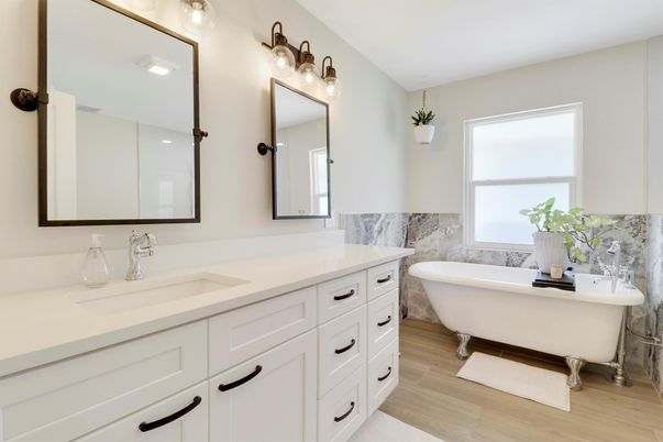 Bathroom, Dual Sink Vanities, Free Standing Baths, Interior, Wood Texture Flooring
