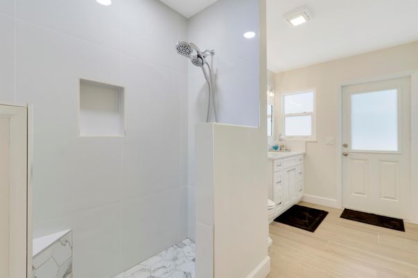 Bathroom, Interior, Marble, Recessed Lighting, Wood Texture Flooring