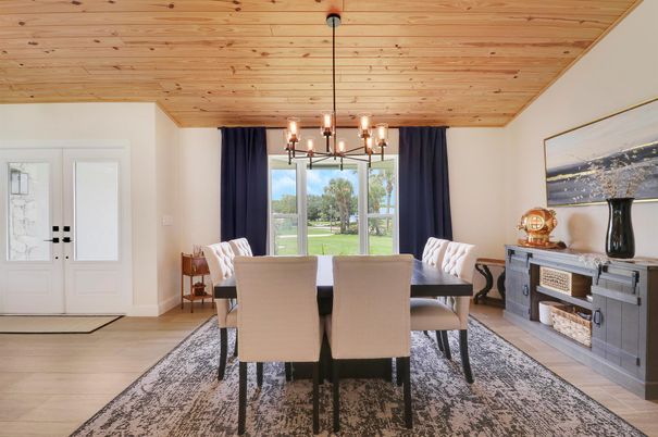 Chandelier, Dining room, Fireplace, Interior, Pendant Lights, Wooden Ceilings, Wood Texture Flooring