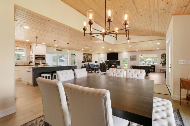 Dining room, Fireplace, Interior, Kitchen, Pendant Lights, Recessed Lighting, Wooden Ceilings, Wood Texture Flooring