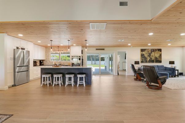 Interior, Kitchen, Pendant Lights, Recessed Lighting, Stainless Steel Appliances, Wooden Ceilings, Wood Texture Flooring