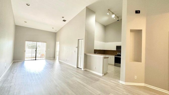 Empty room, Interior, Kitchen, Recessed Lighting, Wood Texture Flooring