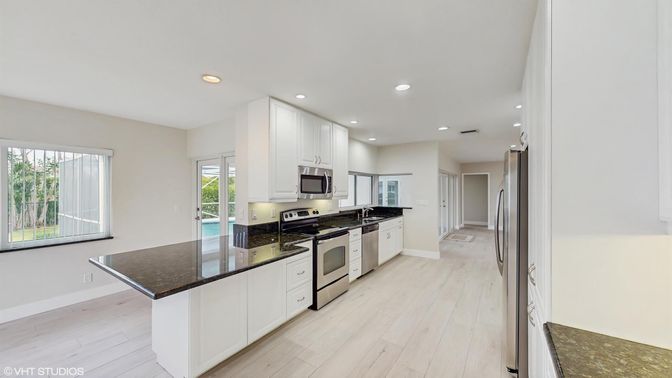 Interior, Kitchen, Recessed Lighting, Stainless Steel Appliances, Wood Texture Flooring