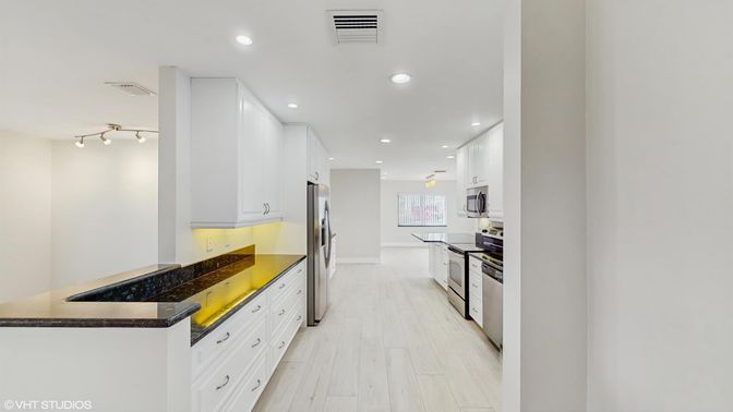 Interior, Kitchen, Recessed Lighting, Stainless Steel Appliances, Wood Texture Flooring