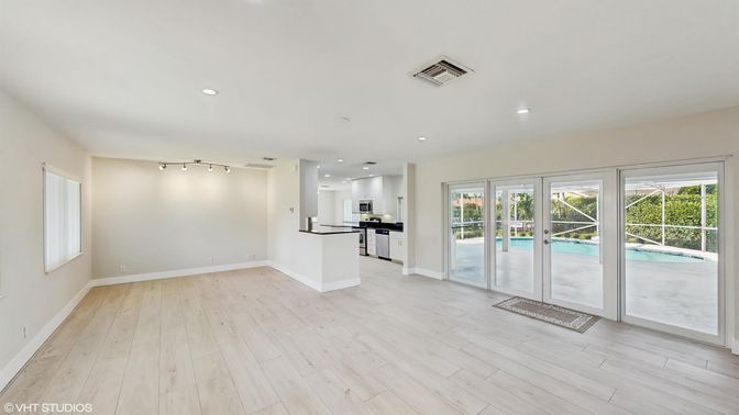 Empty room, Interior, Kitchen, Recessed Lighting, Wood Texture Flooring
