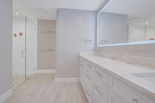 Bathroom, Dual Sink Vanities, Glass Shower, Interior, Recessed Lighting