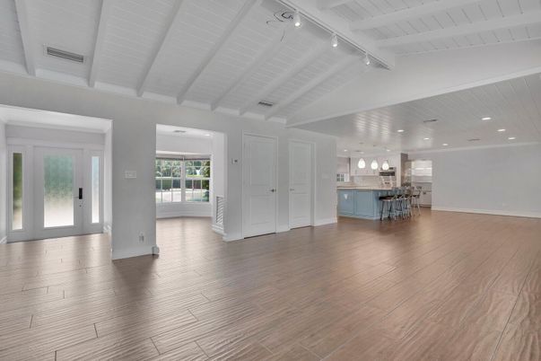 Empty room, Interior, Kitchen, Pendant Lights, Recessed Lighting, Wood Texture Flooring