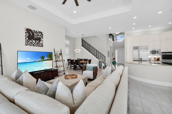 Chandelier, Dining room, Interior, Kitchen, Living room, Marble, Pendant Lights, Recessed Lighting, Stainless Steel Appliances, Water