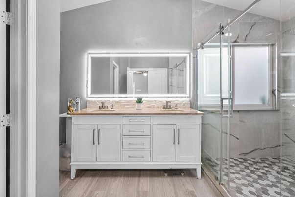 Bathroom, Dual Sink Vanities, Glass Shower, Interior, Wood Texture Flooring