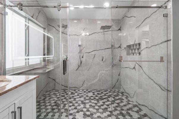 Bathroom, Glass Shower, Interior, Marble Walls, Recessed Lighting