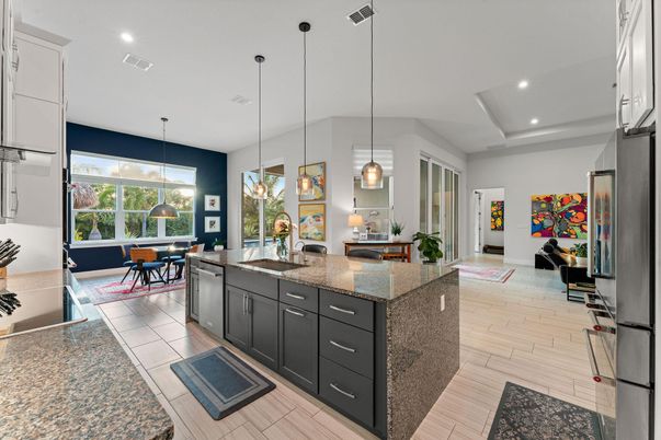 Dining room, Interior, Kitchen, Pendant Lights, Recessed Lighting, Wood Texture Flooring