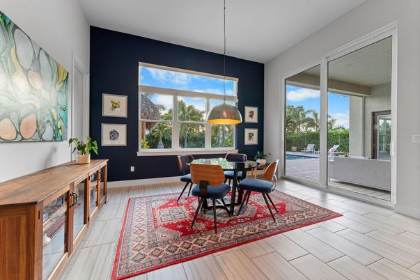 Dining room, Interior, Pendant Lights, Wood Texture Flooring