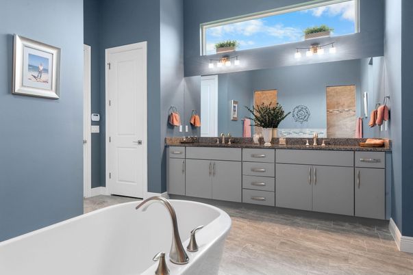 Bathroom, Dual Sink Vanities, Free Standing Baths, Interior, Wood Texture Flooring