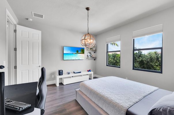 Bedroom, Chandelier, Interior, Pendant Lights, Wood Texture Flooring
