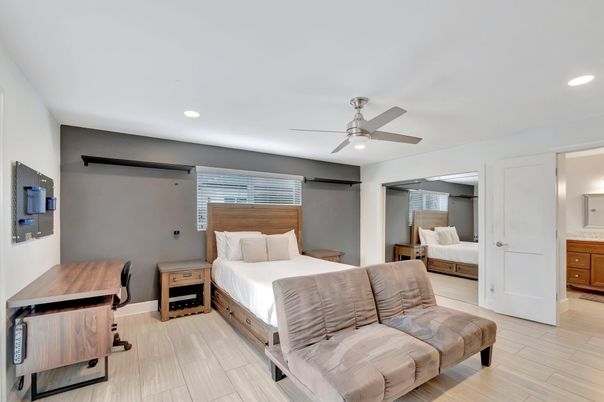 Bedroom, Interior, Recessed Lighting, Wood Texture Flooring