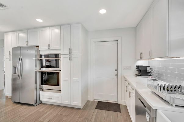 Interior, Kitchen, Recessed Lighting, Stainless Steel Appliances, Wood Texture Flooring
