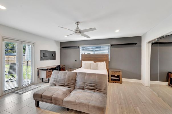 Bedroom, Interior, Recessed Lighting, Wood Texture Flooring