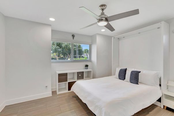 Bedroom, Interior, Recessed Lighting, Wood Texture Flooring