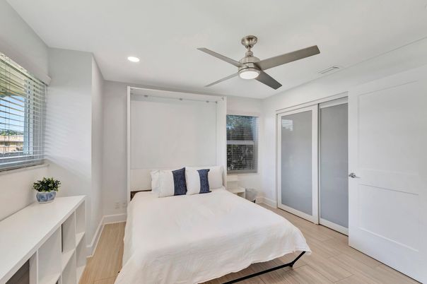 Bedroom, Interior, Recessed Lighting, Wood Texture Flooring