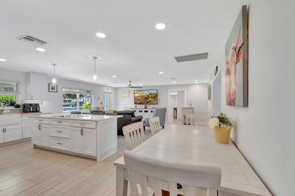 Dining room, Interior, Kitchen, Living room, Pendant Lights, Recessed Lighting, Wood Texture Flooring