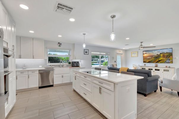 Interior, Kitchen, Living room, Pendant Lights, Recessed Lighting, Stainless Steel Appliances, Wood Texture Flooring