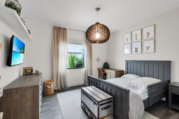 Bedroom, Interior, Pendant Lights, Wood Texture Flooring