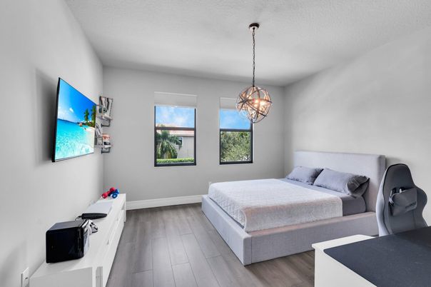 Bedroom, Interior, Pendant Lights, Wood Texture Flooring
