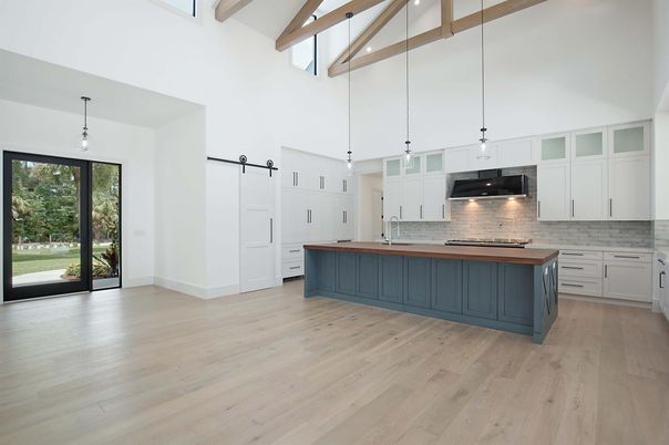 Interior, Kitchen, Pendant Lights, Stainless Steel Appliances, Wooden Beams, Wood Texture Flooring