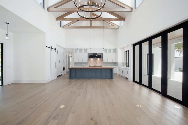 Chandelier, Interior, Kitchen, Pendant Lights, Stainless Steel Appliances, Wooden Beams, Wood Texture Flooring