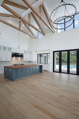 Interior, Kitchen, Pendant Lights, Recessed Lighting, Stainless Steel Appliances, Wooden Beams, Wood Texture Flooring