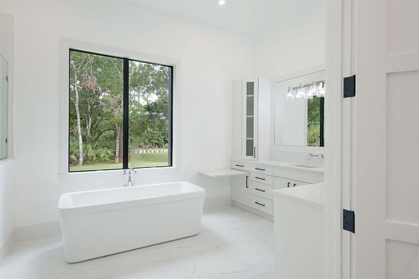 Bathroom, Dual Sink Vanities, Free Standing Baths, Interior, Marble, Recessed Lighting