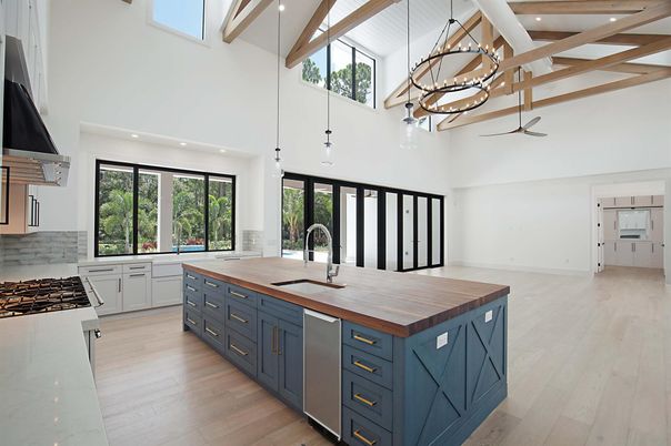 Interior, Kitchen, Pendant Lights, Recessed Lighting, Wooden Beams, Wood Texture Flooring