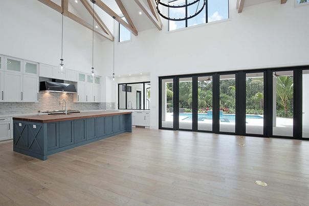 Interior, Kitchen, Pendant Lights, Recessed Lighting, Stainless Steel Appliances, Wooden Beams, Wood Texture Flooring