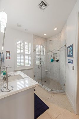 Bathroom, Glass Shower, Interior, Marble Walls, Recessed Lighting