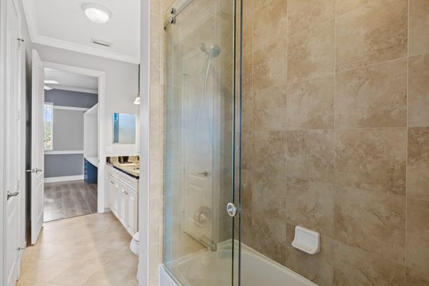 Bathroom, Glass Shower, Interior, Wood Texture Flooring