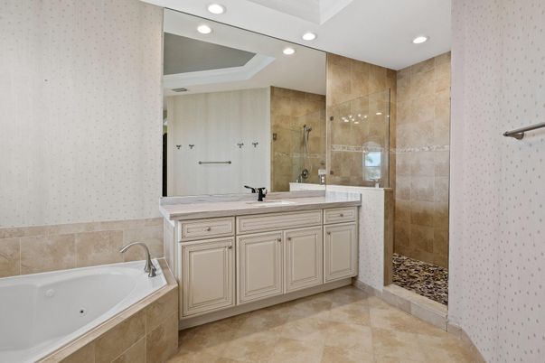 Bathroom, Dual Sink Vanities, Glass Shower, Interior, Recessed Lighting
