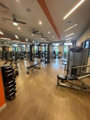 Fitness Equipment, Gym, Interior, Recessed Lighting, Wood Texture Flooring