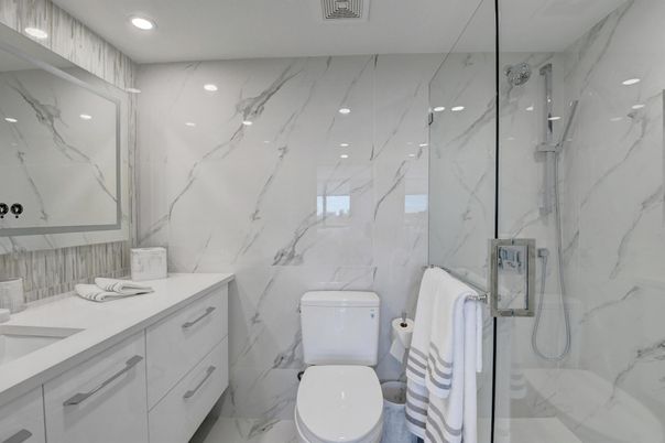 Bathroom, Glass Shower, Interior, Marble, Marble Walls, Recessed Lighting