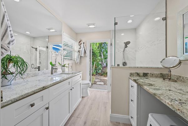 Bathroom, Glass Shower, Interior, Marble Walls, Recessed Lighting, Wood Texture Flooring