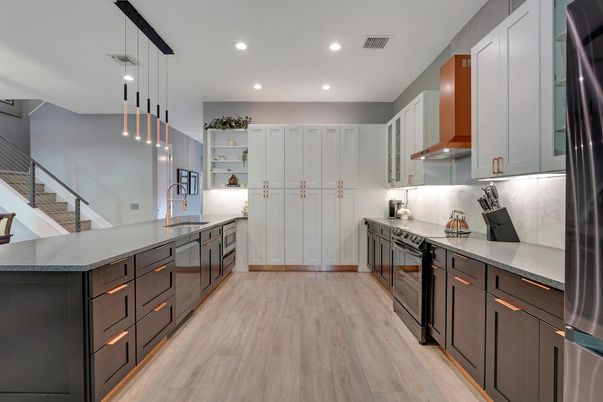 Interior, Kitchen, Pendant Lights, Recessed Lighting, Wood Texture Flooring