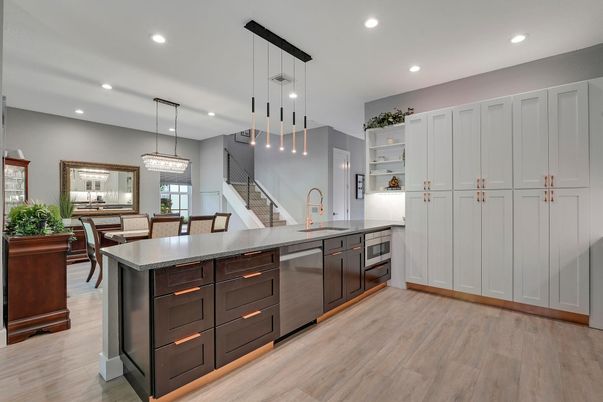 Dining room, Interior, Kitchen, Pendant Lights, Recessed Lighting, Wood Texture Flooring