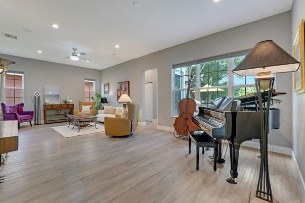 Interior, Living room, Piano, Recessed Lighting, Wood Texture Flooring
