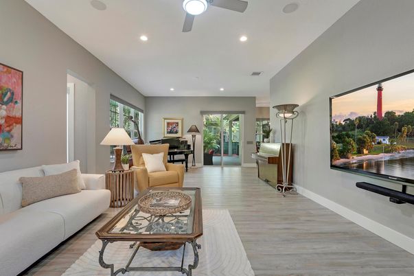 Interior, Living room, Piano, Recessed Lighting, Wood Texture Flooring